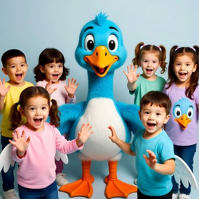 Blue mascot duck with happy children