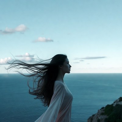 Woman with flowing hair on seaside cliff