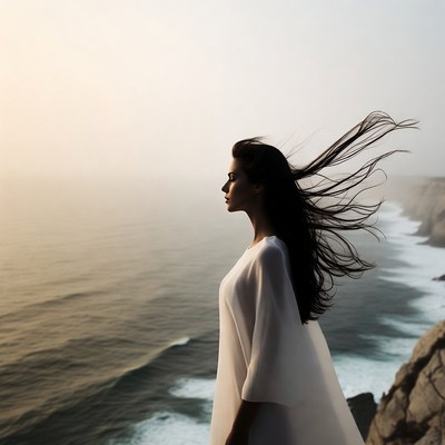 Woman with flowing hair on seaside cliff