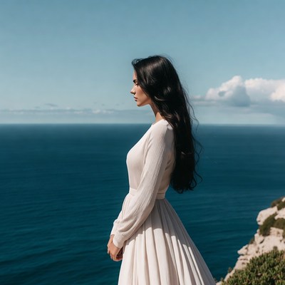 Woman in white dress on ocean cliff