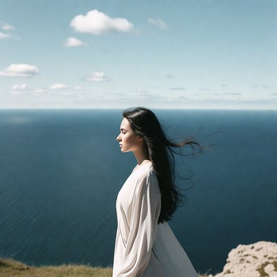 Woman gazing at ocean from cliff