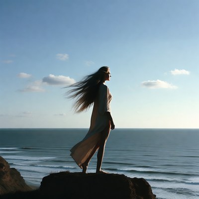 Woman with flowing hair on seaside cliff