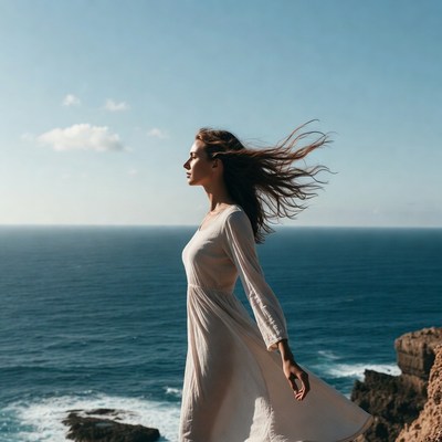 Woman in white dress on ocean cliff