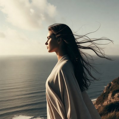 Woman with flowing hair on seaside cliff