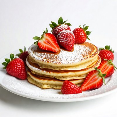 Pancakes with Strawberries and Powdered Sugar