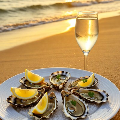 Oysters with Lemon and Champagne on Beach