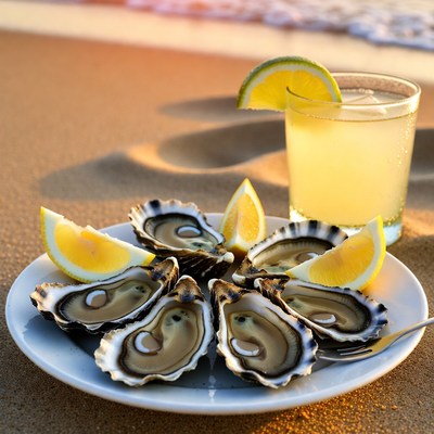Oysters with Lime on Beach Sand