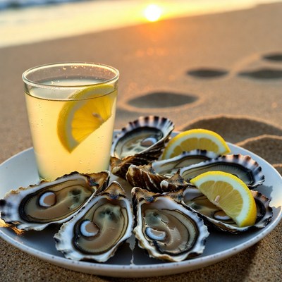 Oysters with Lemon on Beach