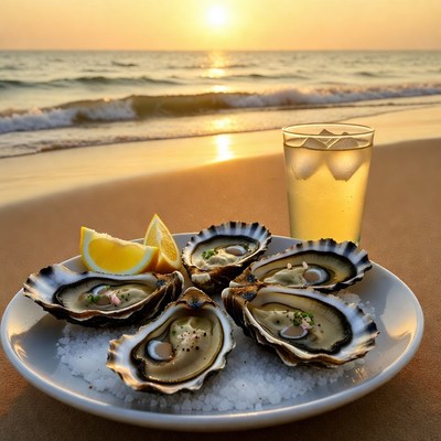 Oysters with Lemon and Iced Tea Beach Sunset