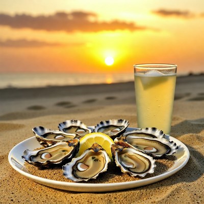 Oysters with beer on beach sunset