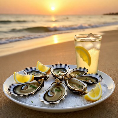 Fresh Oysters with Lemon on Beach Sunset