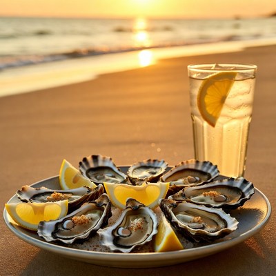 Oysters with Lemon and Gin Tonic Beach Sunset