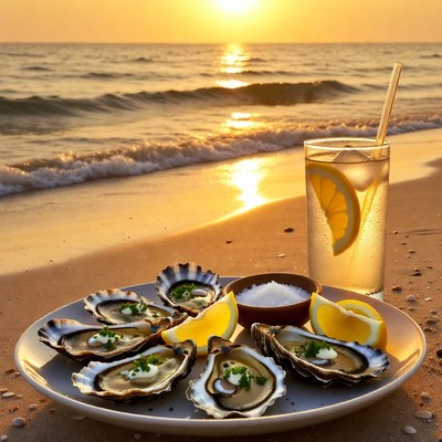 Oysters with Lemon on Beach at Sunset