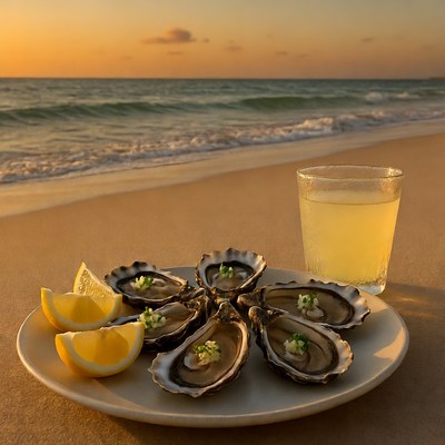 Oysters with lemon on beach sunset