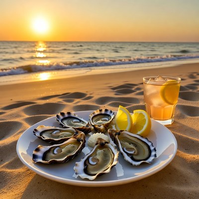 Oysters with Lemon on Beach at Sunset