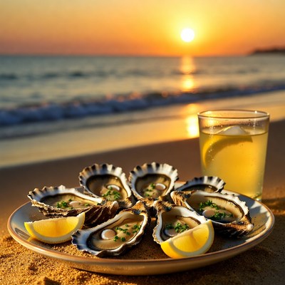 Oysters on plate at sunset beach