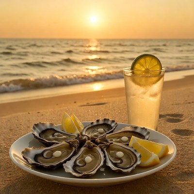 Oysters with Lemon on Beach at Sunset