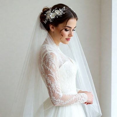 Bride in lace wedding gown with veil
