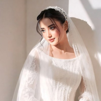 Asian bride in white lace wedding dress