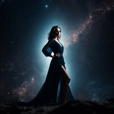 Woman in black dress against galaxy