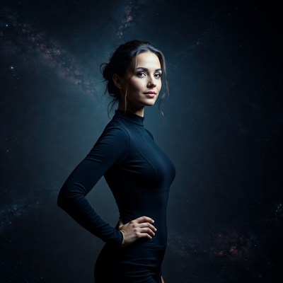 Woman in black dress against galaxy