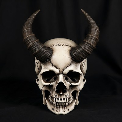 Demon Horned Skull on Black Background