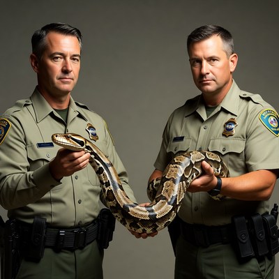 Two park rangers holding python