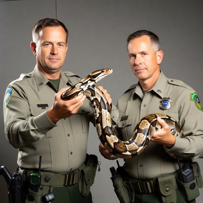 Two men holding large boa constrictor