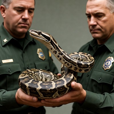 Two park rangers holding python