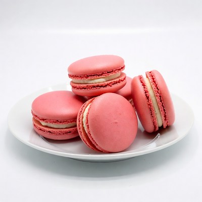 Pink macarons on white plate