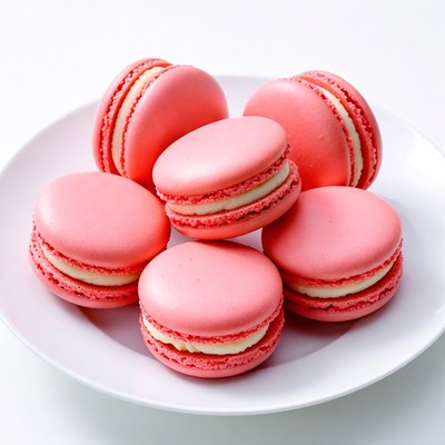 Pink macarons on white plate