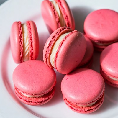 Pink macarons on white plate