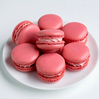 Pink macarons on white plate