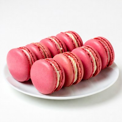 Pink macarons on white plate