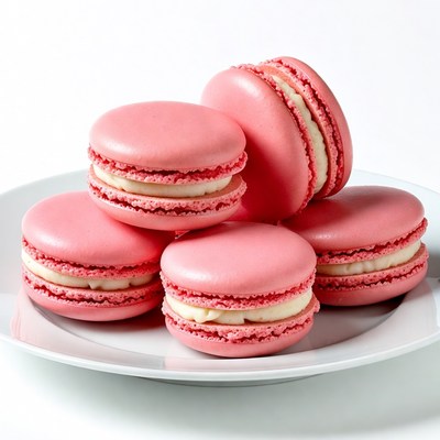 Pink macarons on white plate