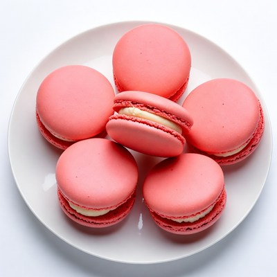 Pink macarons on white plate