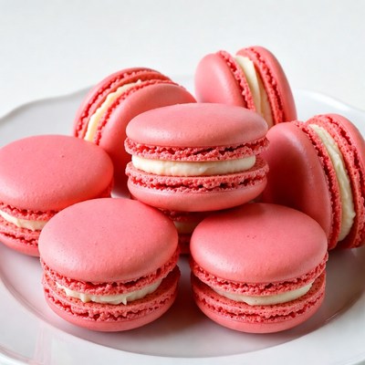 Pink macarons on white plate