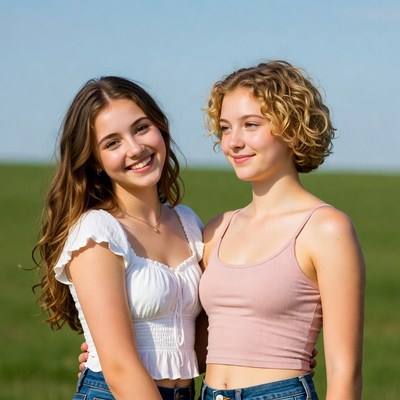 Two smiling teenage girls in field