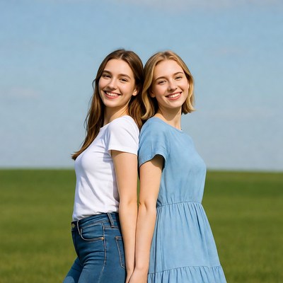Two smiling women back to back in field