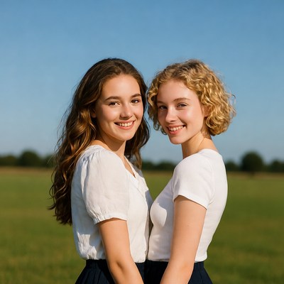 Two smiling girls in field