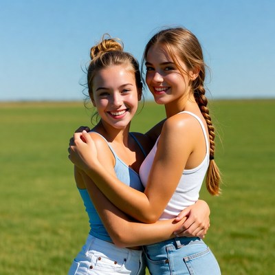 Two young women hugging in green field