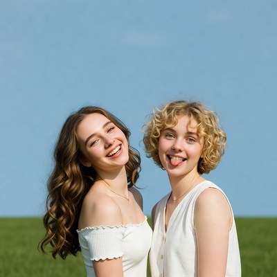 Two girls smiling outdoors with tongue out