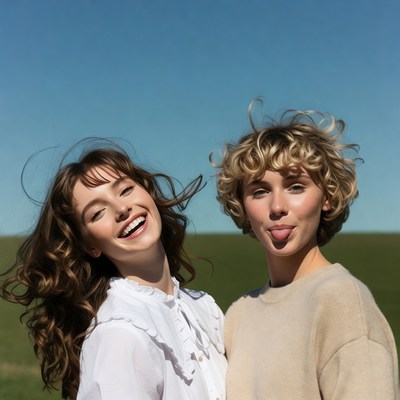 Two girls smiling in green field