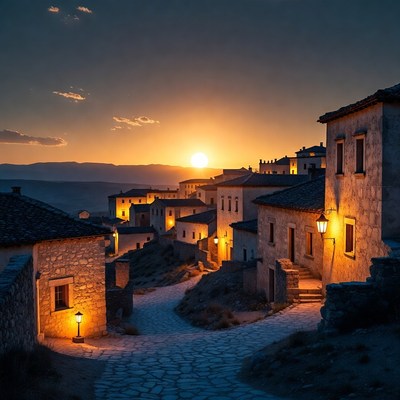 Sunset over stone village hillside