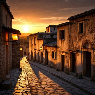 Sunset over cobblestone village street
