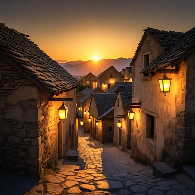 Sunset over stone village alley