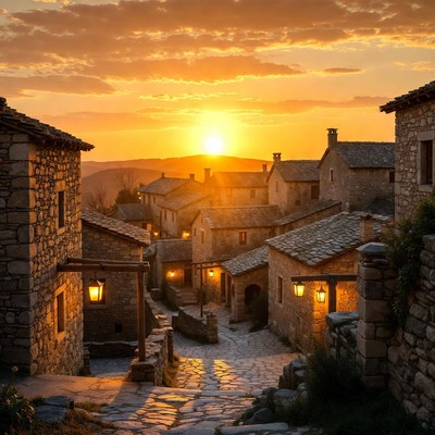 Stone Village at Sunset with Lanterns