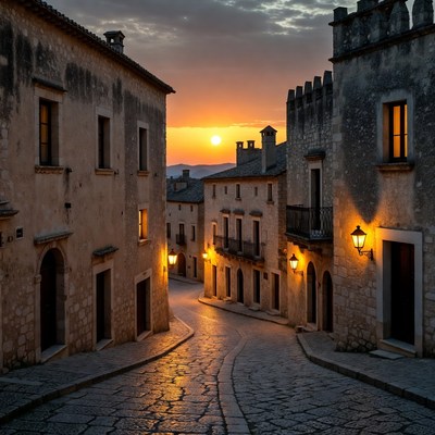 Sunset over cobblestone street in old village