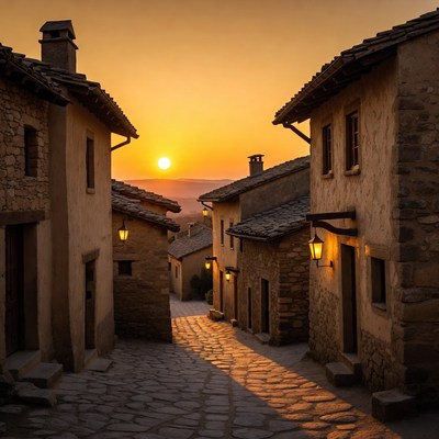 Sunset over cobblestone village street