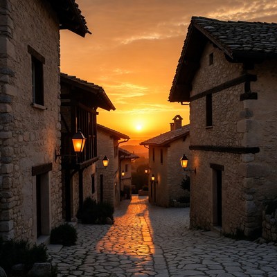 Stone Village Street at Sunset